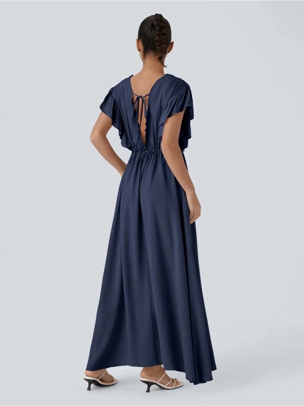 HALARA V-neck Butterfly DressNavy Button-Front Maxi Dress with Drawstring Waist - Picture 3 of 5